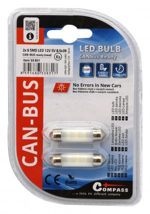 Žárovka 6 LED SMD 12V  suf.10X39 SV8.5 NEW-CAN-BUS bílá 2ks