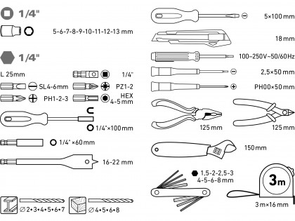 Vrtací šroubovák aku, BRUSHLESS, 12V Li-ion s nářadím, sada 46ks