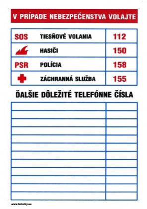 SK - Tabuľka dôležitých telefónnych čísel 210x297mm - plastová…